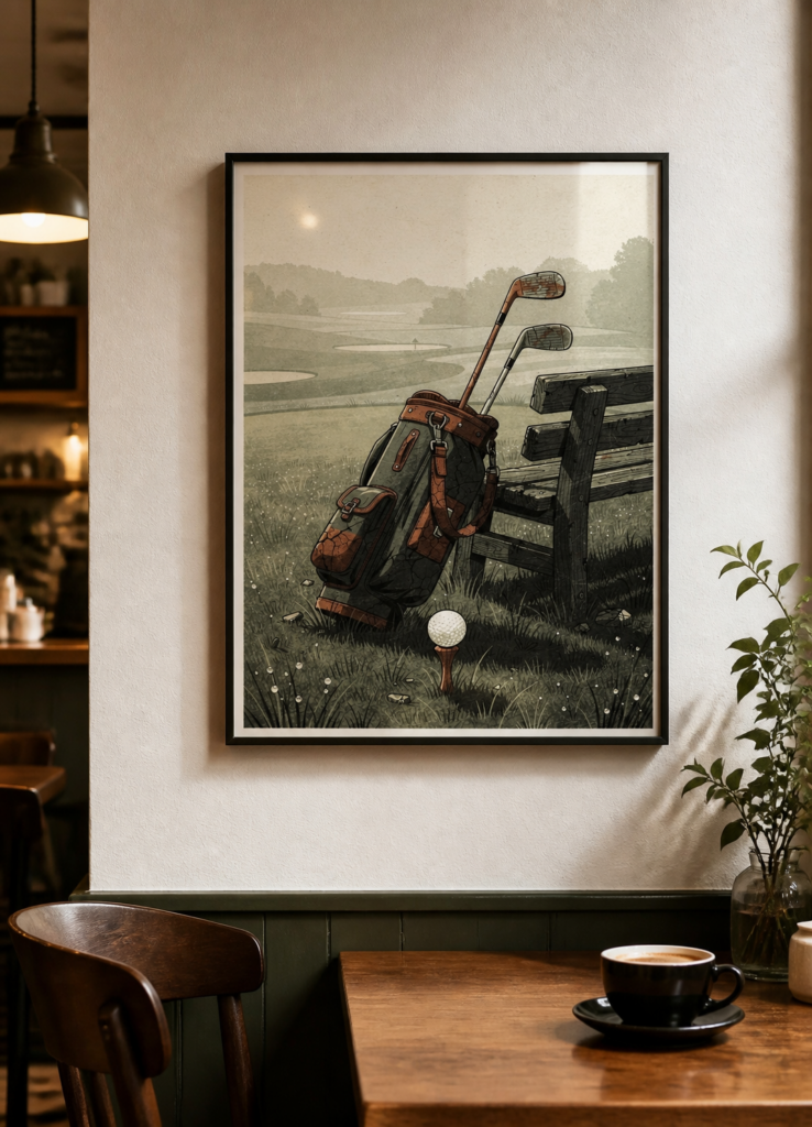 Vintage Golf Course Illustration Wall Art Print - Rustic Golf Bag & Bench Poster