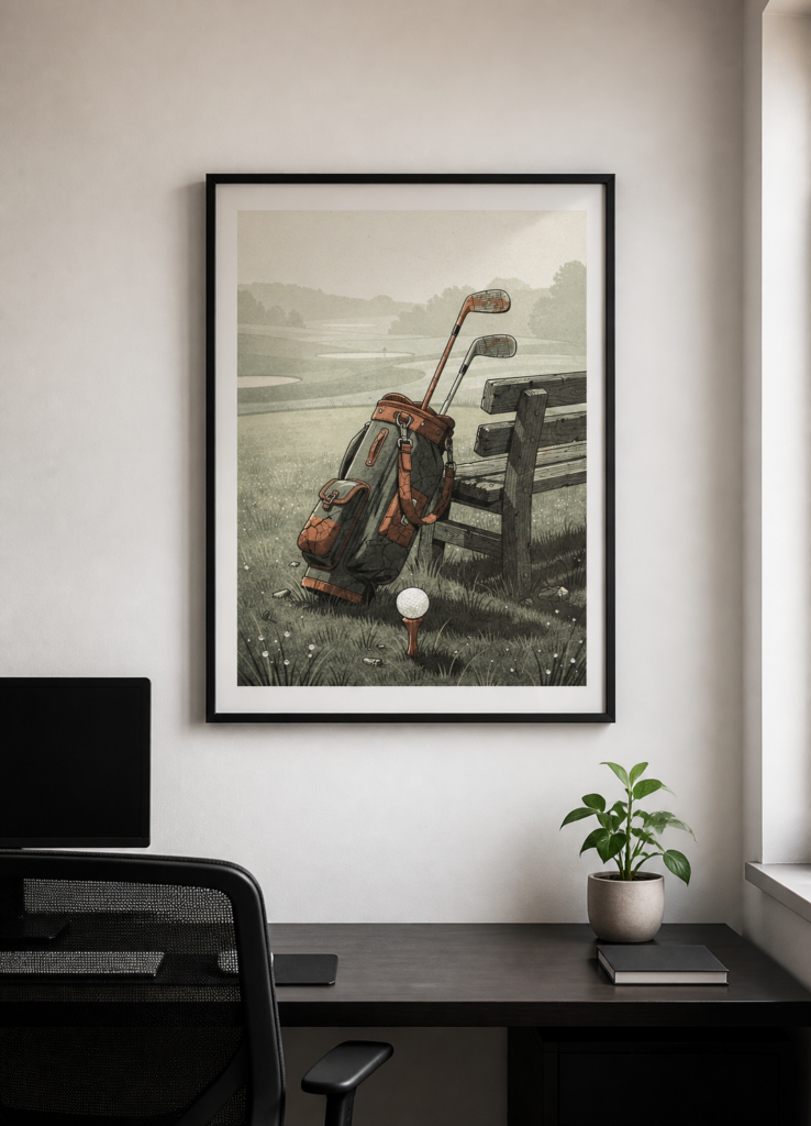 Vintage Golf Course Illustration Wall Art Print - Rustic Golf Bag & Bench Poster