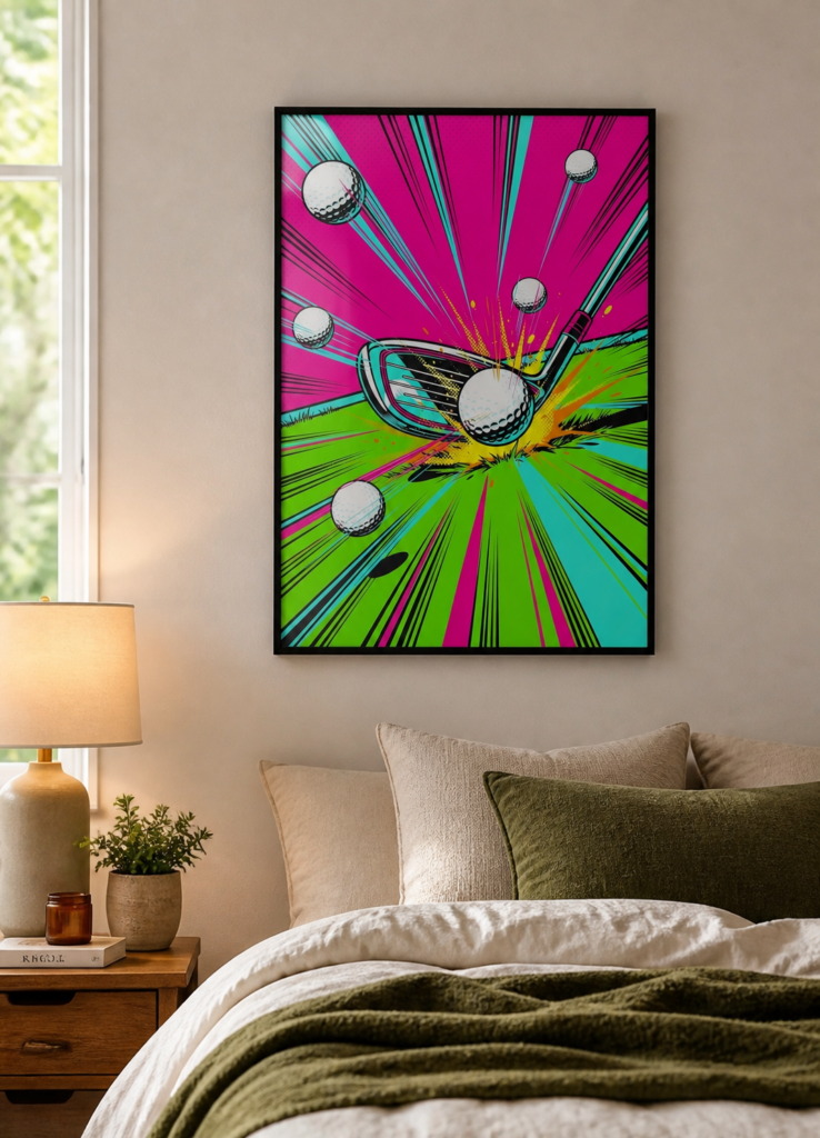 Pop Art Golf Club Swing Neon Comic Style Wall Art Poster
