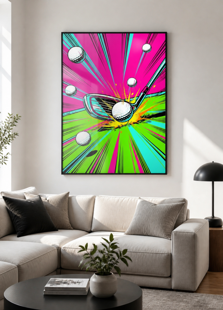Pop Art Golf Club Swing Neon Comic Style Wall Art Poster