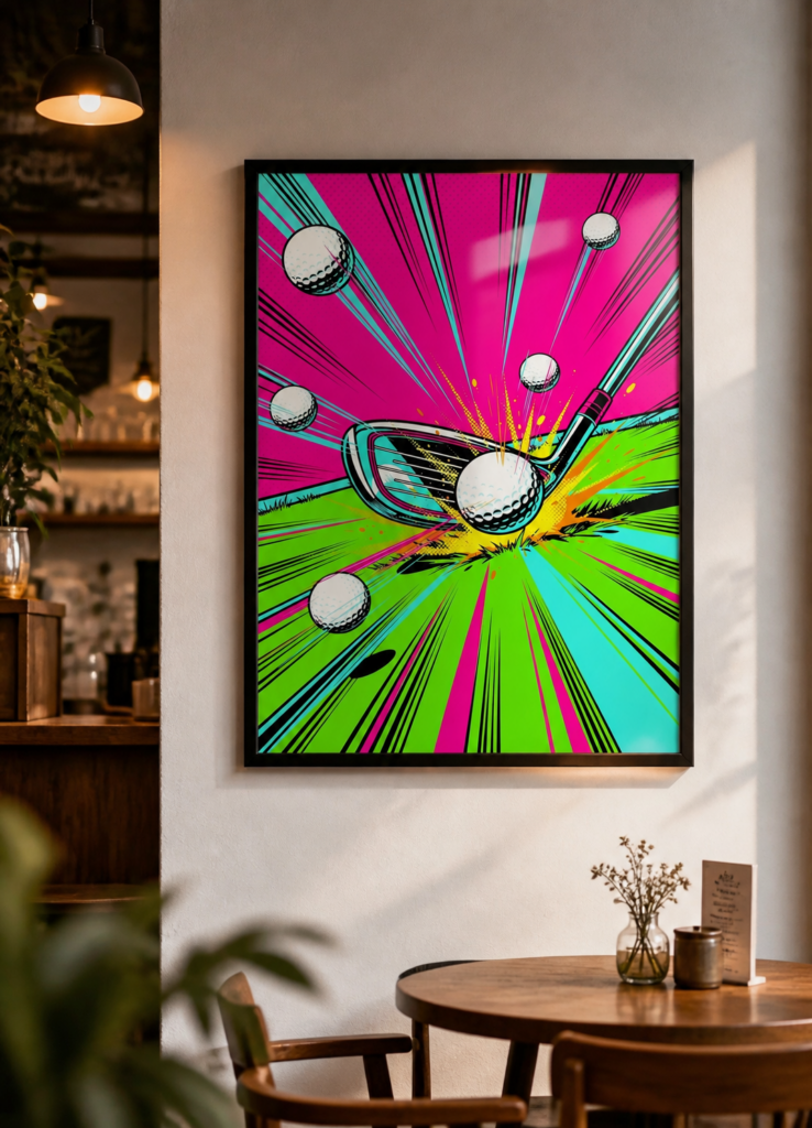 Pop Art Golf Club Swing Neon Comic Style Wall Art Poster