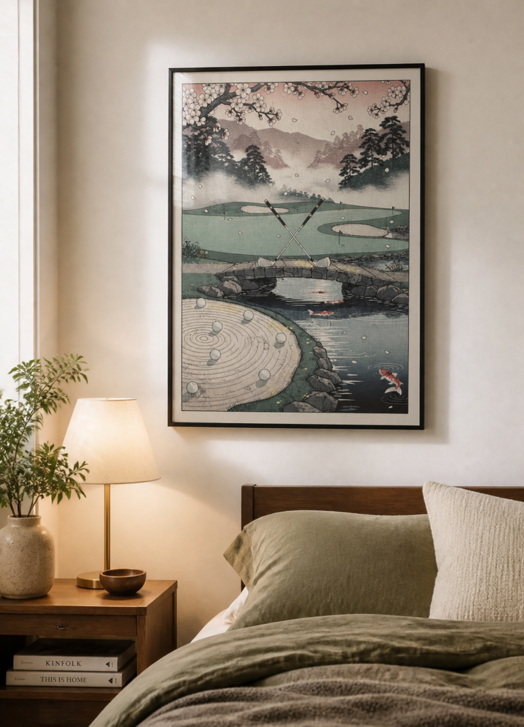 Japanese Ukiyo-e Golf Course Art Print - Cherry Blossom Woodblock Style Wall Art Poster