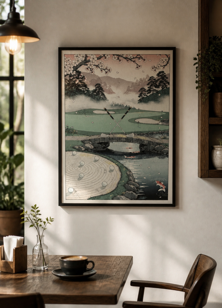 Japanese Ukiyo-e Golf Course Art Print - Cherry Blossom Woodblock Style Wall Art Poster