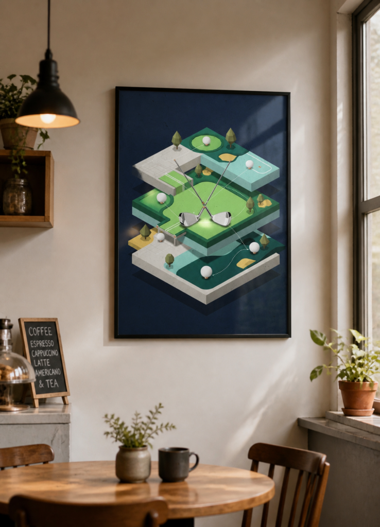 Isometric Golf Course Illustration Wall Art Poster - Layered Golf Club Design