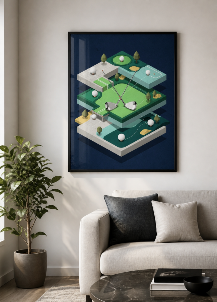 Isometric Golf Course Illustration Wall Art Poster - Layered Golf Club Design