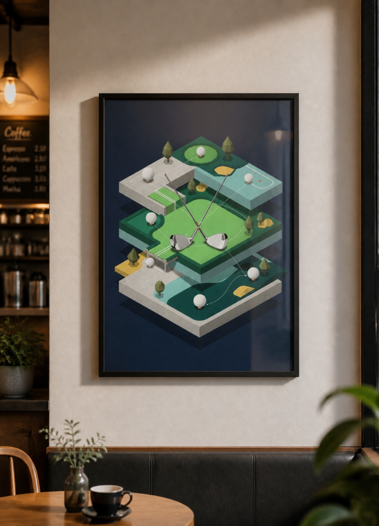 Isometric Golf Course Illustration Wall Art Poster - Layered Golf Club Design