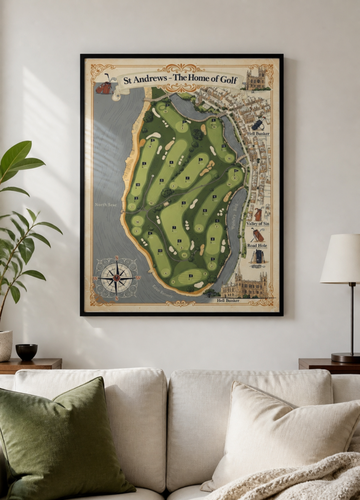 St Andrews Old Course Vintage Illustrated Golf Map Wall Art Poster