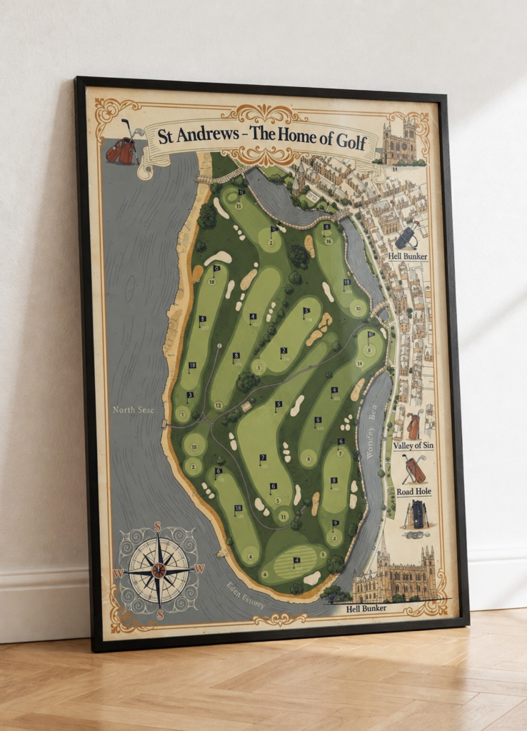 St Andrews Old Course Vintage Illustrated Golf Map Wall Art Poster