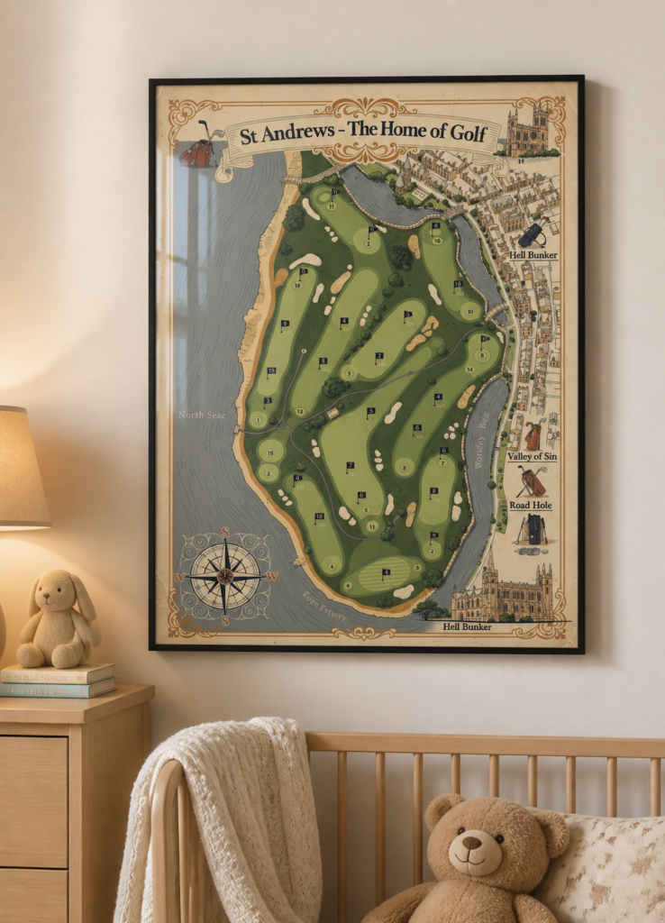 St Andrews Old Course Vintage Illustrated Golf Map Wall Art Poster