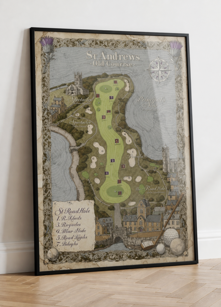 St Andrews Old Course Vintage Golf Map Art Print - Illustrated Course Layout Poster