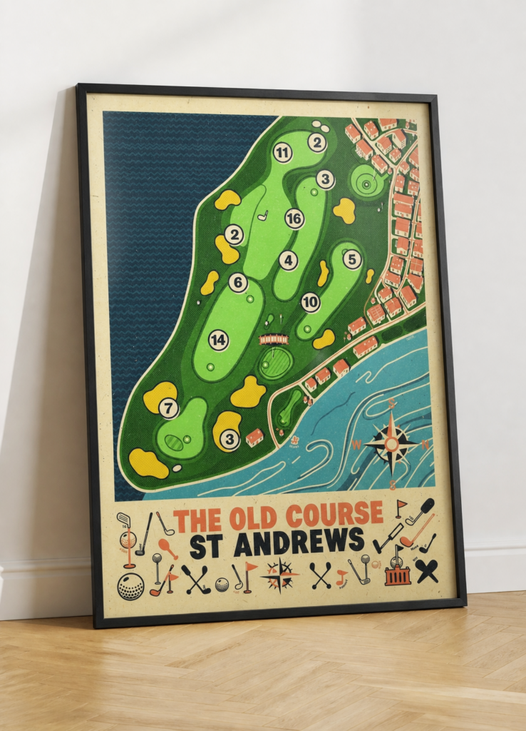 The Old Course St Andrews Golf Course Map Vintage Poster - Retro Golf Wall Art Print