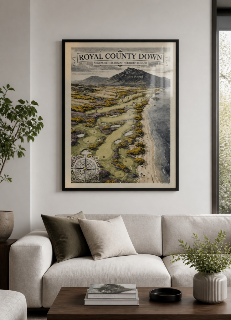 Royal County Down Golf Course Illustrated Map Wall Art Poster - Newcastle Northern Ireland