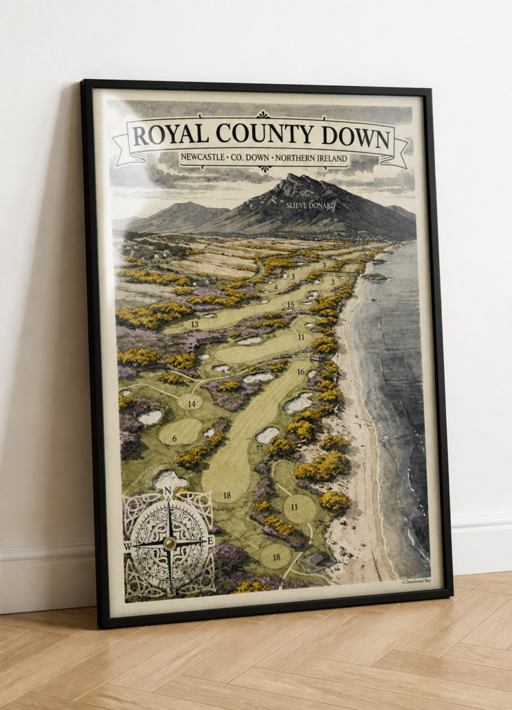 Royal County Down Golf Course Illustrated Map Wall Art Poster - Newcastle Northern Ireland