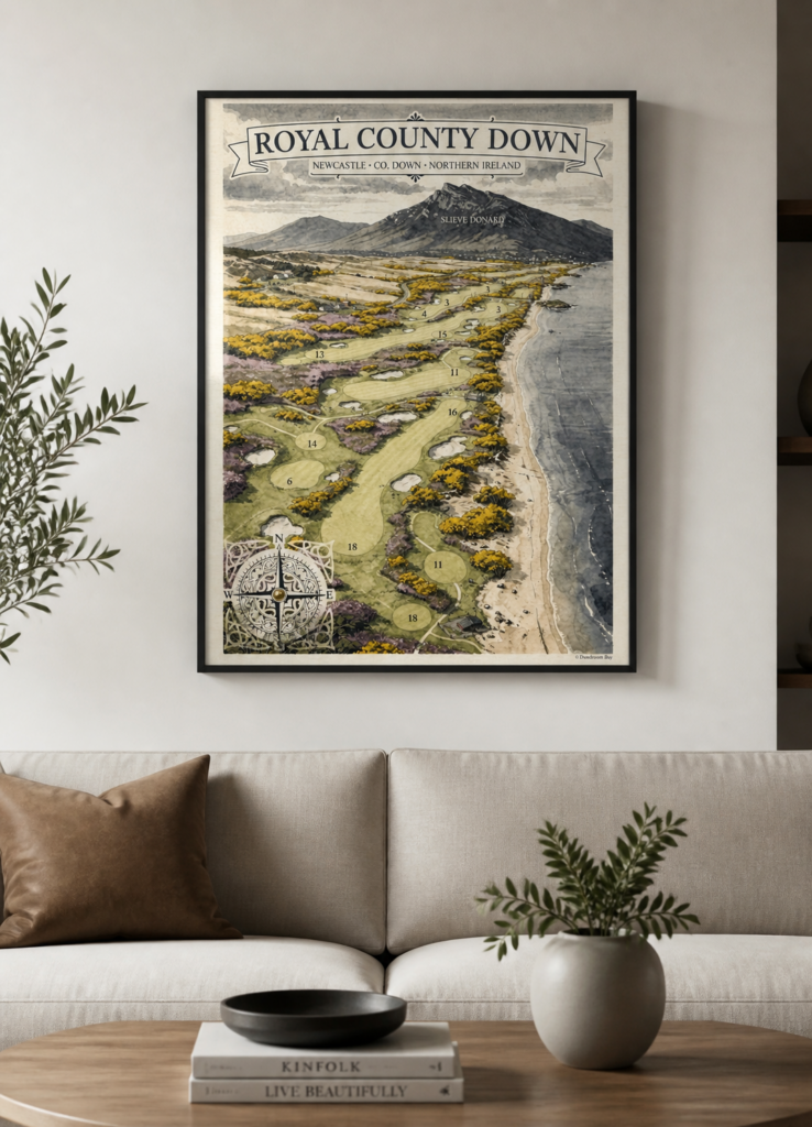 Royal County Down Golf Course Illustrated Map Wall Art Poster - Newcastle Northern Ireland