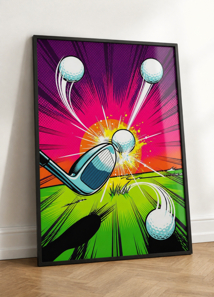 Pop Art Golf Swing Comic Book Style Wall Art Poster - Vibrant Neon Sports Illustration