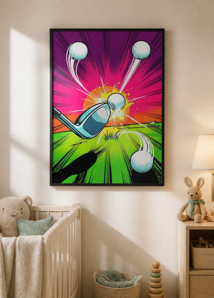 Pop Art Golf Swing Comic Book Style Wall Art Poster - Vibrant Neon Sports Illustration