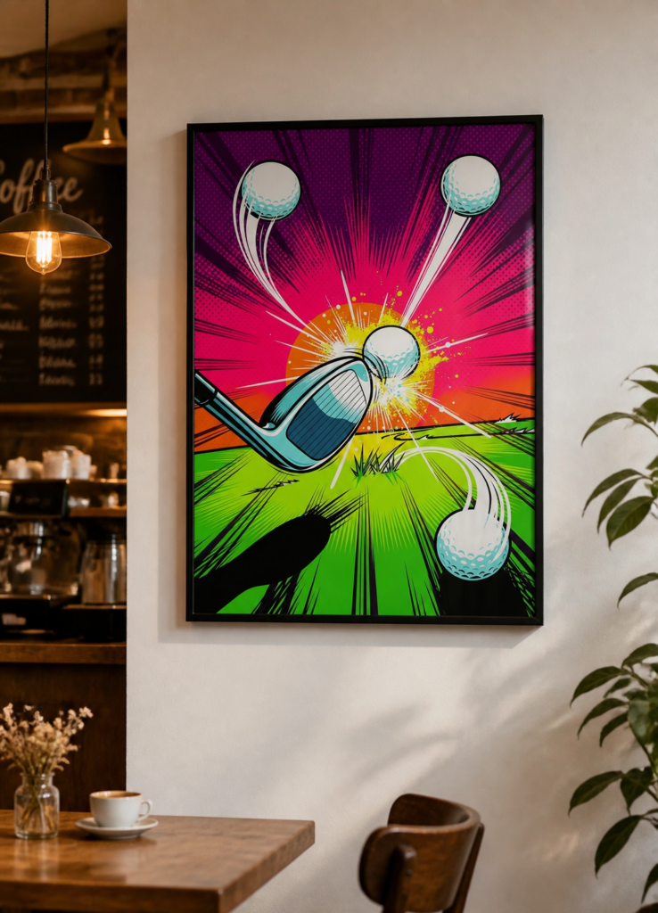 Pop Art Golf Swing Comic Book Style Wall Art Poster - Vibrant Neon Sports Illustration
