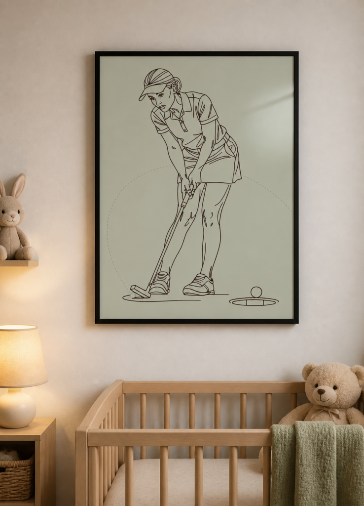 Female Golfer Putting Line Art Illustration Wall Art Print