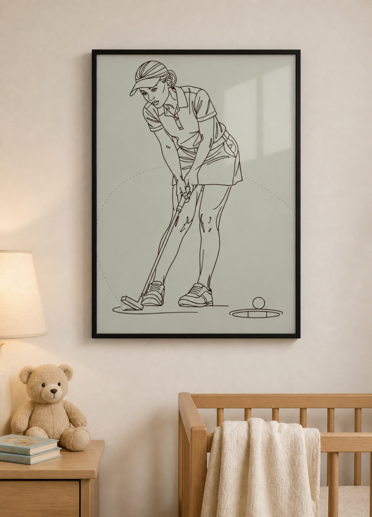 Female Golfer Putting Line Art Illustration Wall Art Print