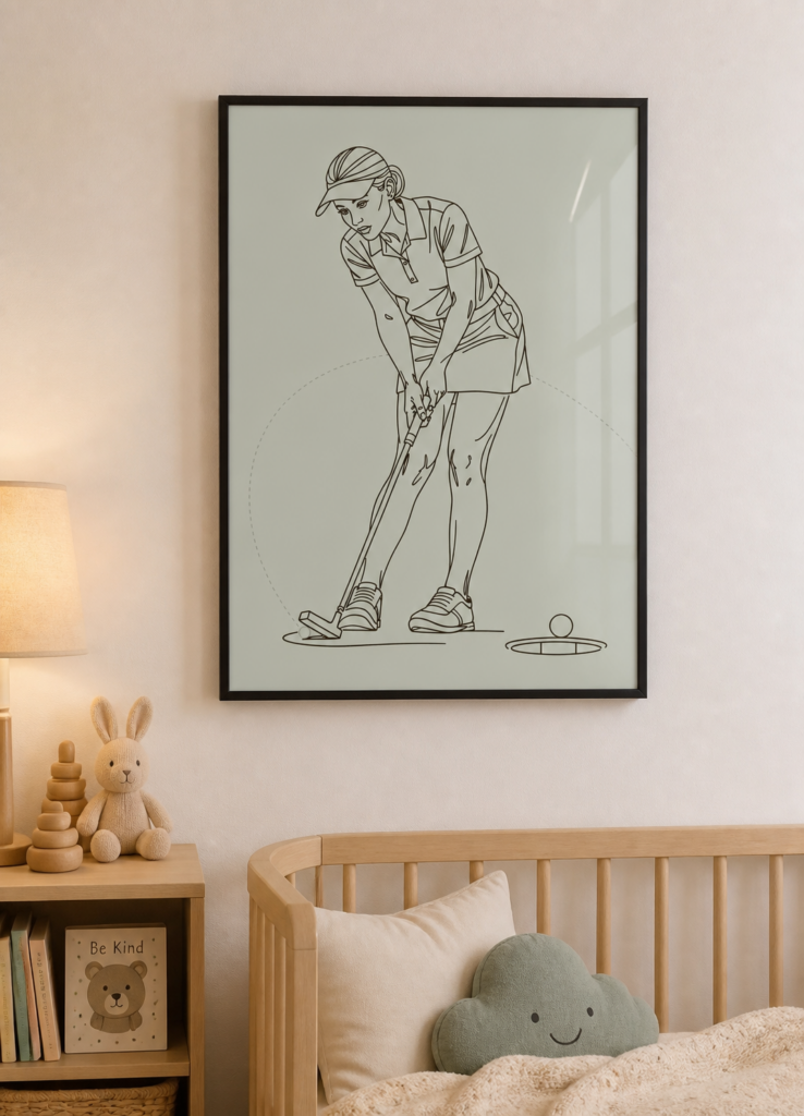 Female Golfer Putting Line Art Illustration Wall Art Print