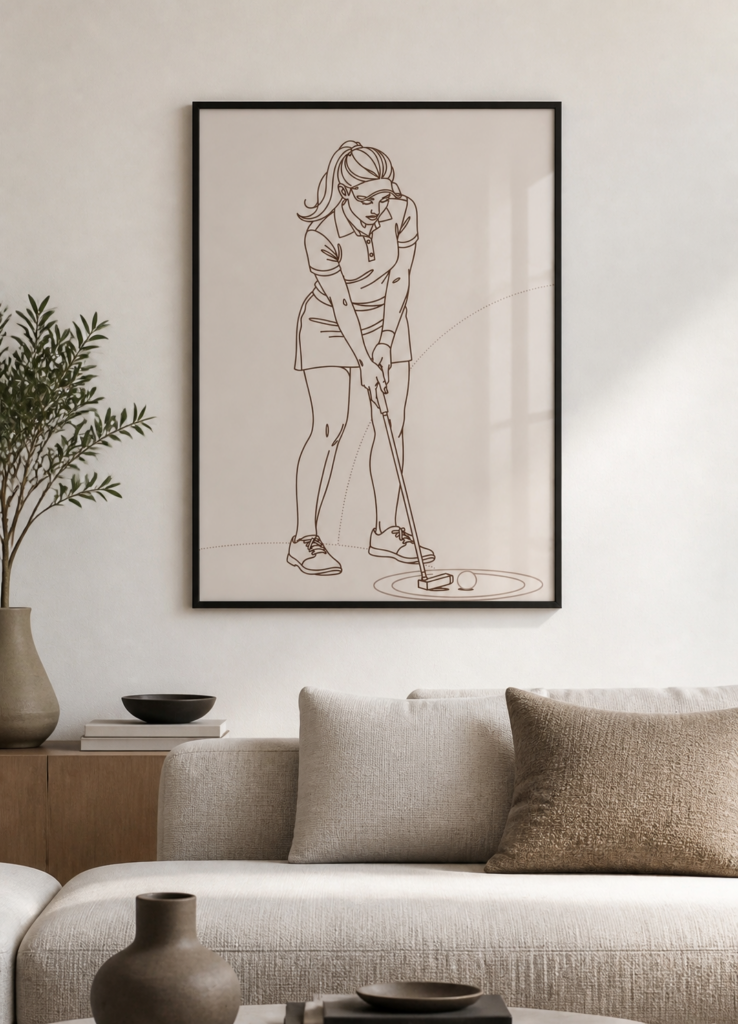 Female Golfer Putting Line Art Print - Minimalist Golf Illustration Wall Art
