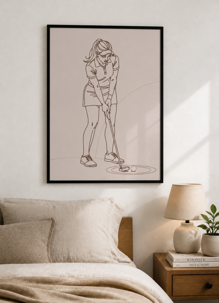 Female Golfer Putting Line Art Print - Minimalist Golf Illustration Wall Art
