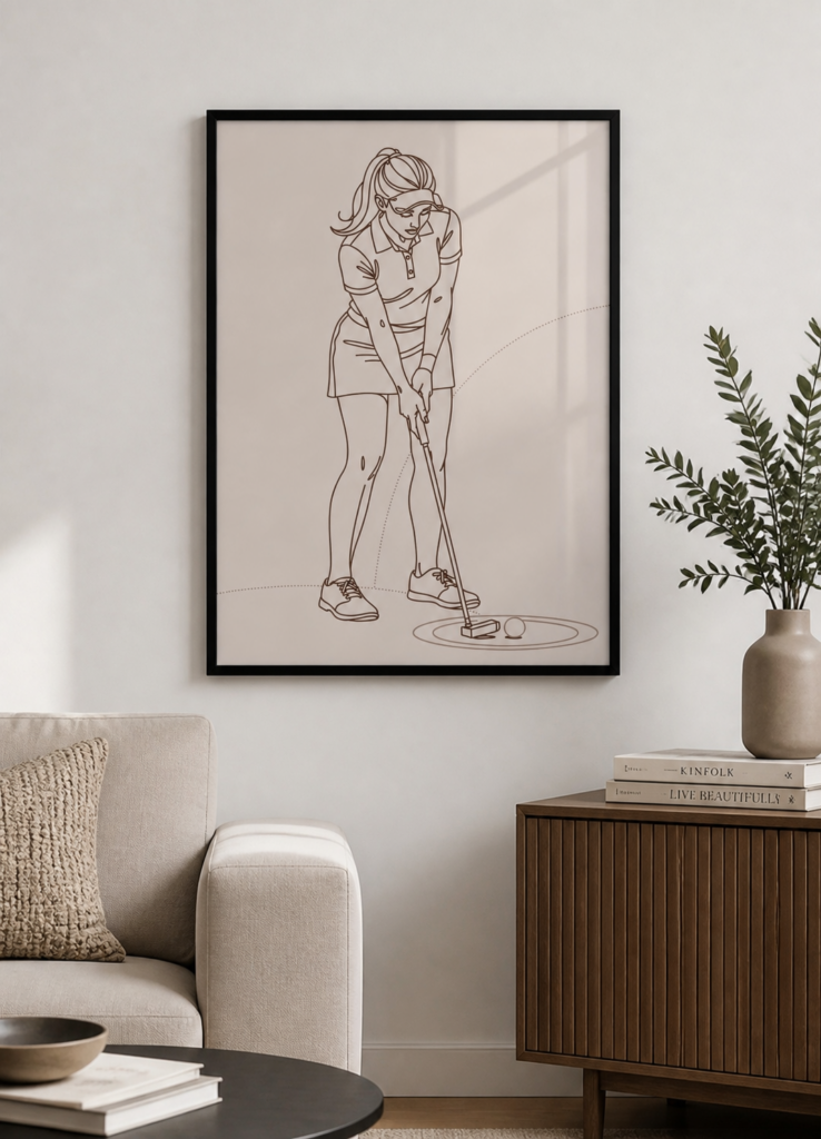 Female Golfer Putting Line Art Print - Minimalist Golf Illustration Wall Art