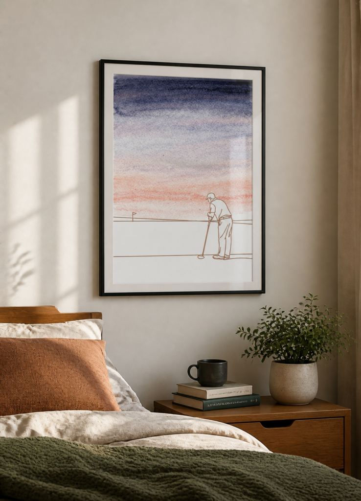 Watercolor Golf Sunset Wall Art - Elderly Golfer Line Drawing Poster