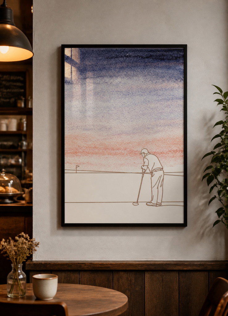 Watercolor Golf Sunset Wall Art - Elderly Golfer Line Drawing Poster