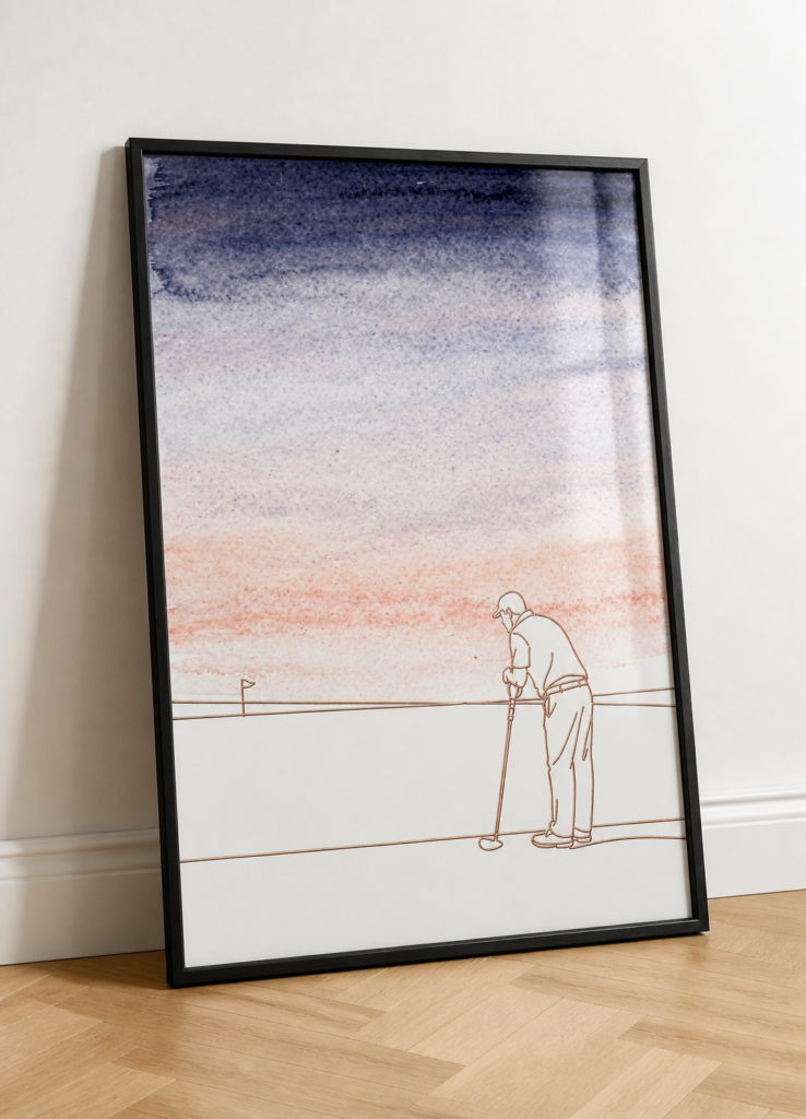 Watercolor Golf Sunset Wall Art - Elderly Golfer Line Drawing Poster