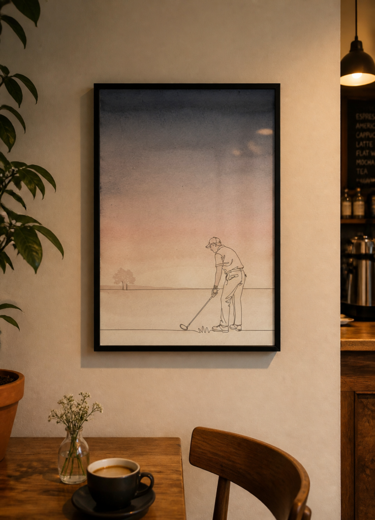 Minimalist Golf Line Art Print - Watercolor Sunset Golfer Wall Art Poster