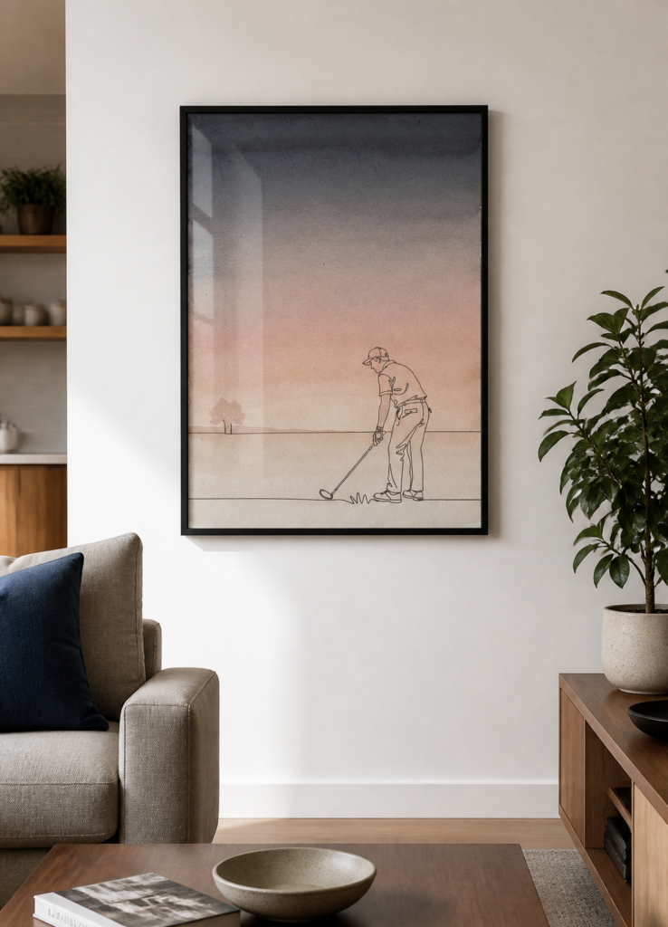 Minimalist Golf Line Art Print - Watercolor Sunset Golfer Wall Art Poster