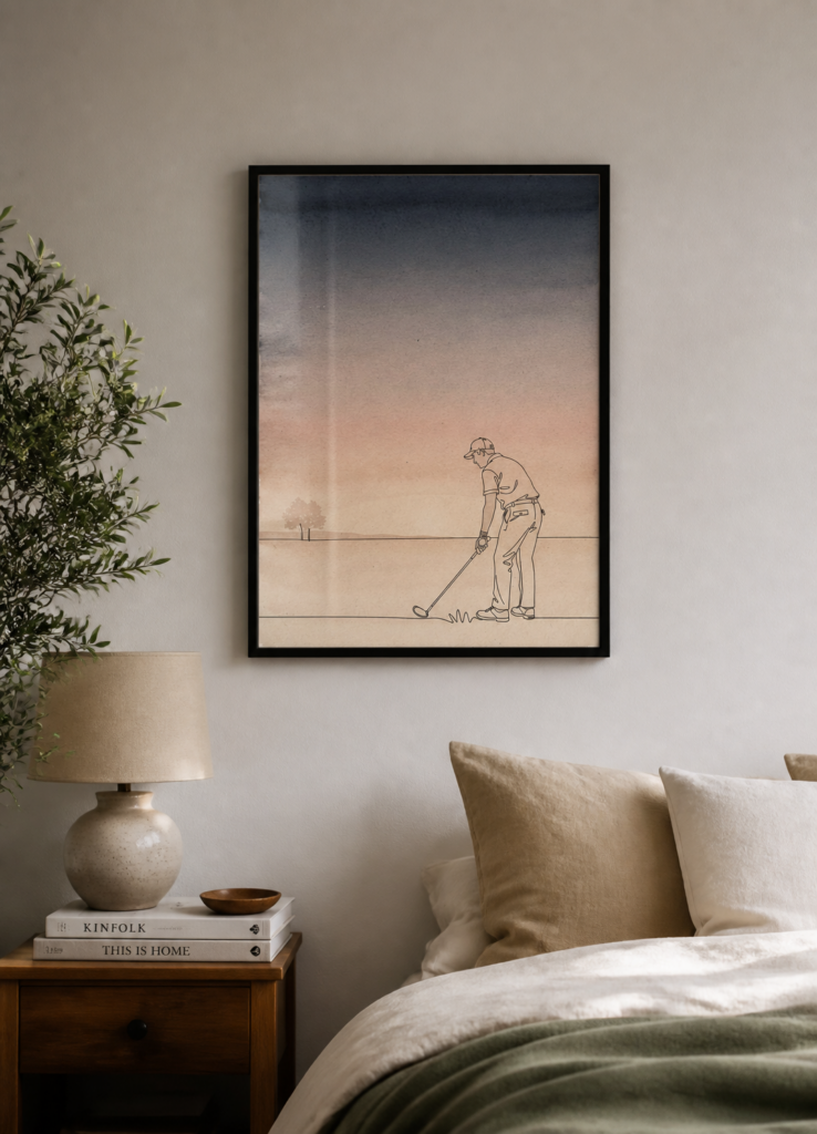 Minimalist Golf Line Art Print - Watercolor Sunset Golfer Wall Art Poster