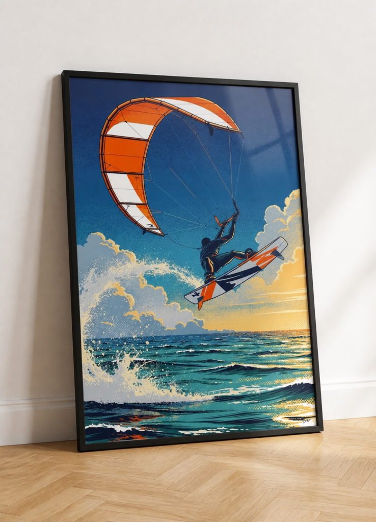 Kitesurfing Retro Illustration Wall Art Poster - Ocean Sports Print