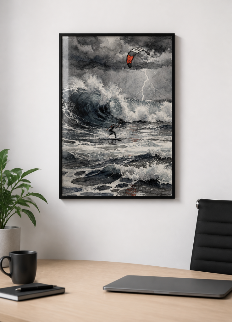 Kitesurfer Storm Watercolor Art Print - Dramatic Ocean Wave Wall Art Poster