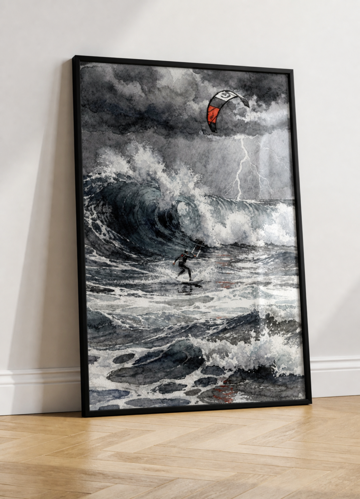 Kitesurfer Storm Watercolor Art Print - Dramatic Ocean Wave Wall Art Poster