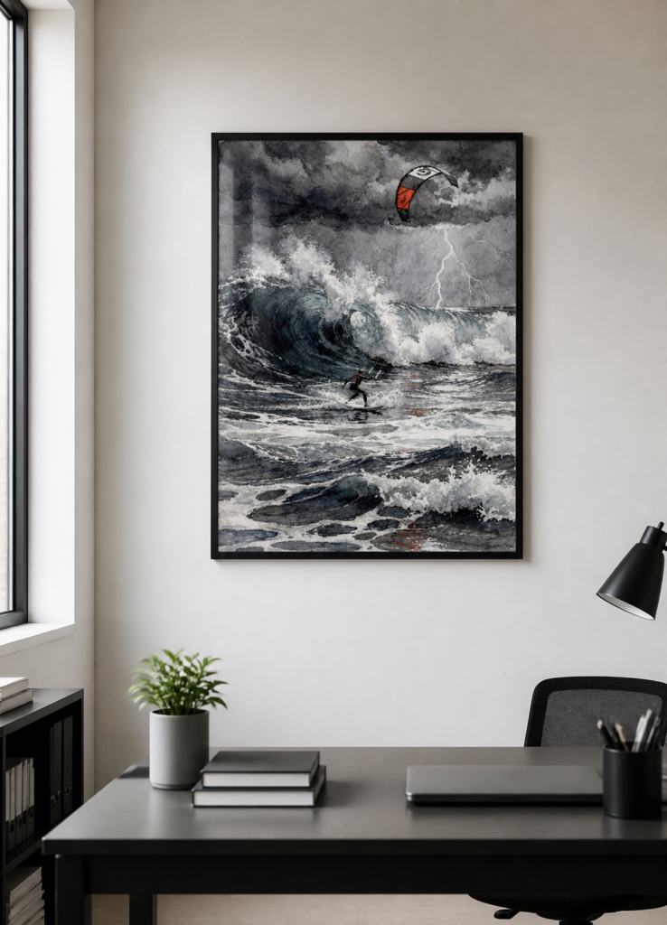 Kitesurfer Storm Watercolor Art Print - Dramatic Ocean Wave Wall Art Poster