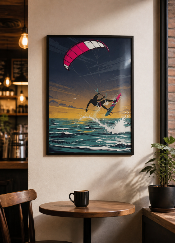 Kitesurfing Sunset Ocean Wall Art Poster - Retro Sport Illustration Print