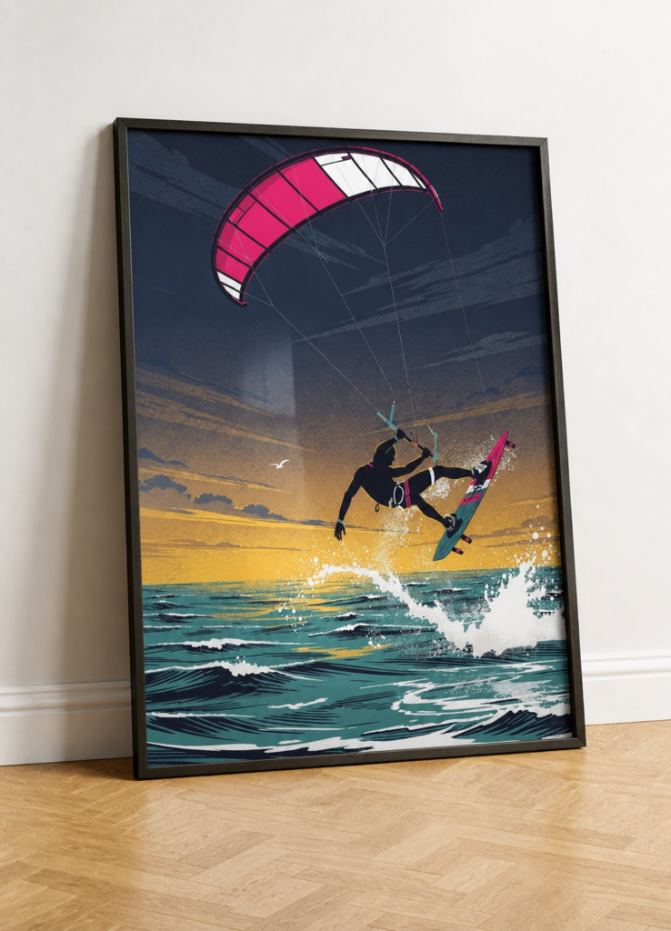 Kitesurfing Sunset Ocean Wall Art Poster - Retro Sport Illustration Print