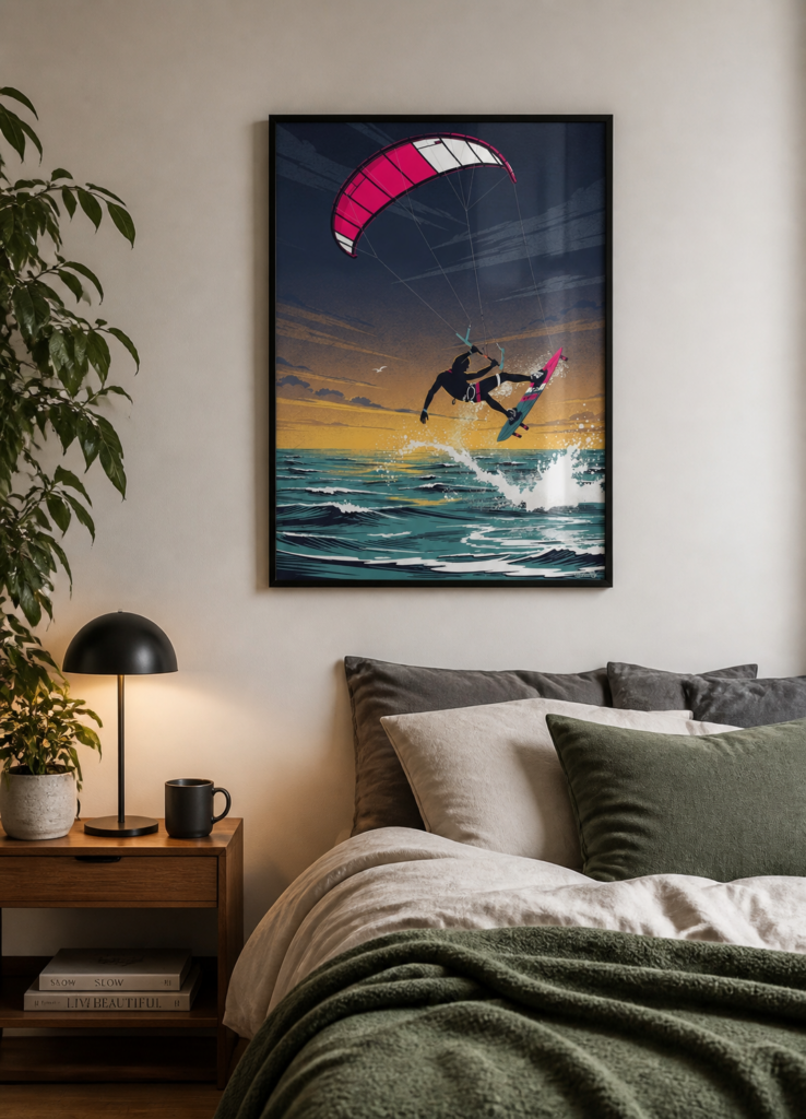 Kitesurfing Sunset Ocean Wall Art Poster - Retro Sport Illustration Print