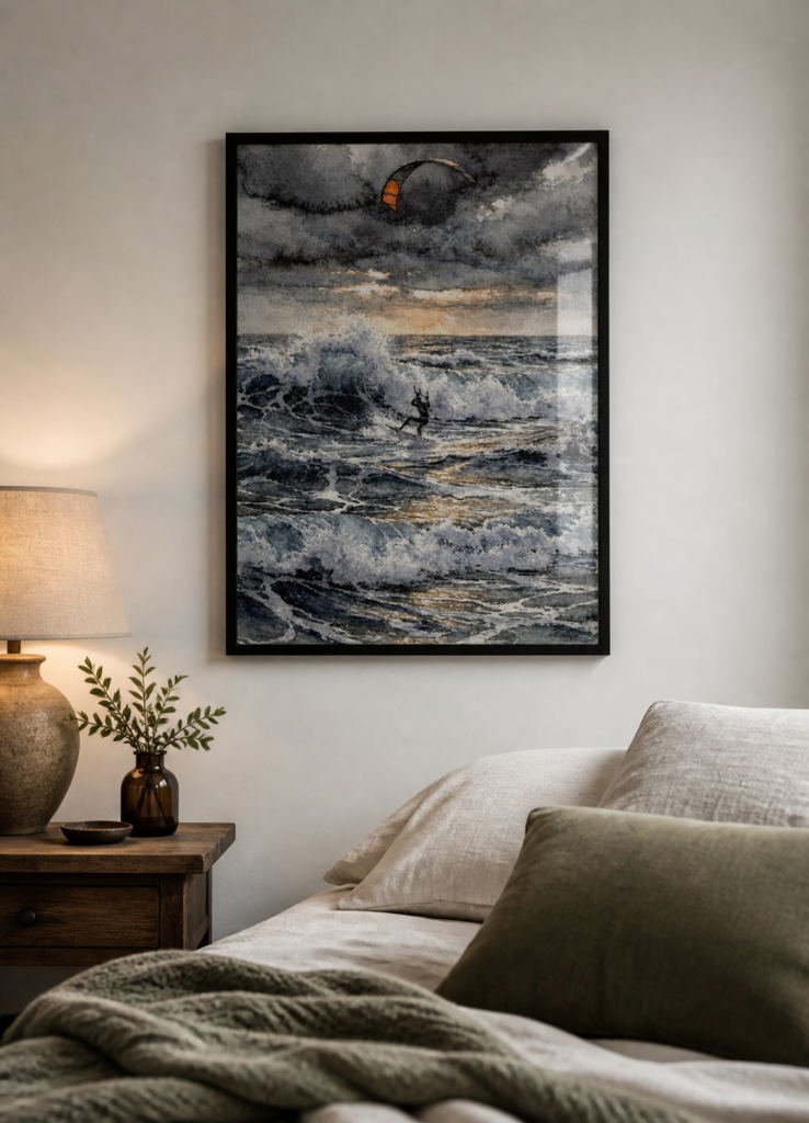 Kitesurfer in Storm Watercolor Painting | Ocean Waves Sunset Wall Art Print