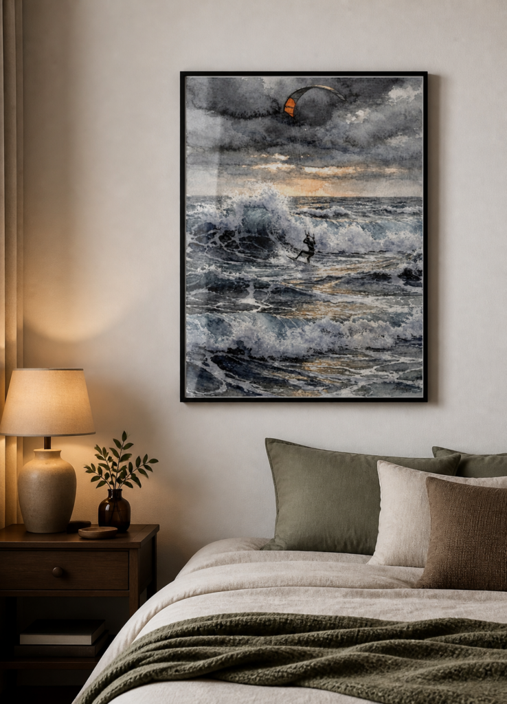Kitesurfer in Storm Watercolor Painting | Ocean Waves Sunset Wall Art Print