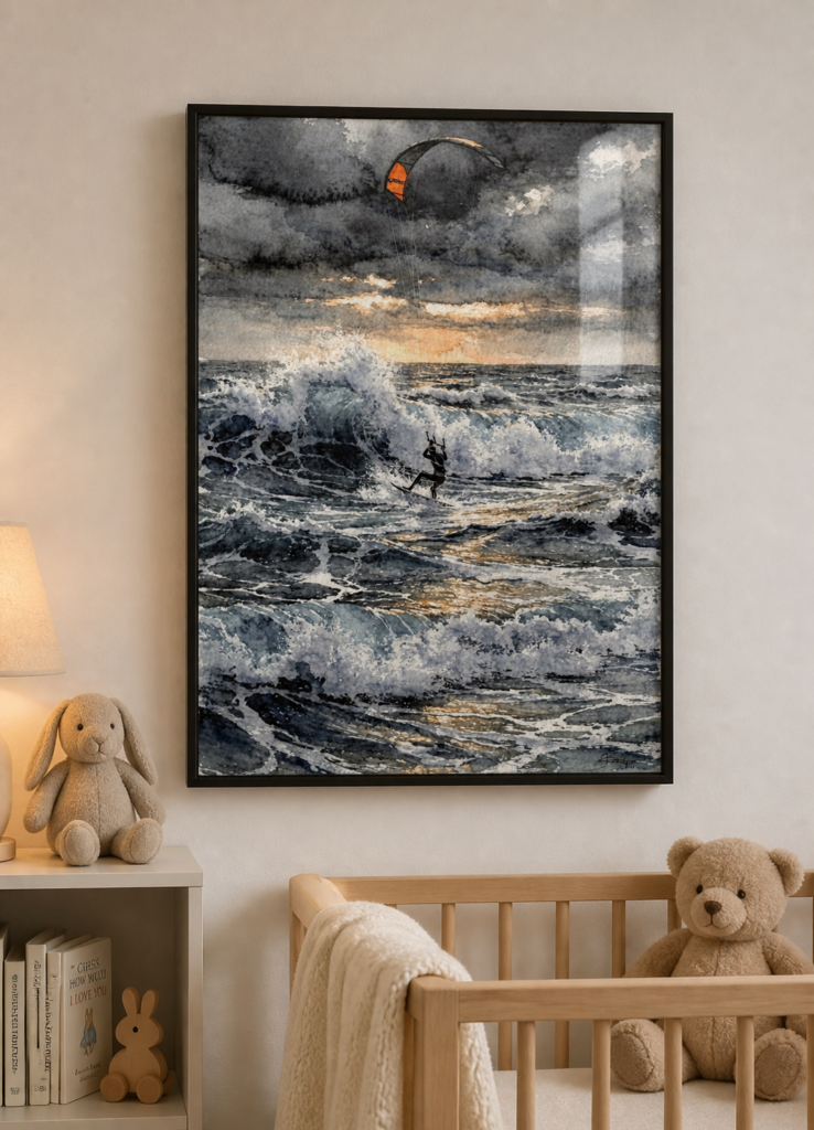 Kitesurfer in Storm Watercolor Painting | Ocean Waves Sunset Wall Art Print