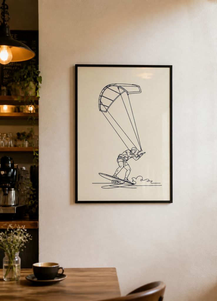 Kitesurfing Line Art Poster - Minimalist Water Sports Wall Art Print