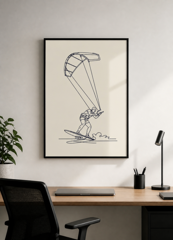 Kitesurfing Line Art Poster - Minimalist Water Sports Wall Art Print