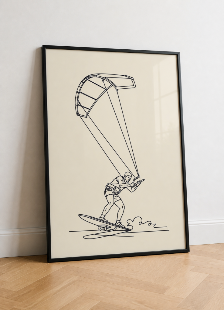 Kitesurfing Line Art Poster - Minimalist Water Sports Wall Art Print