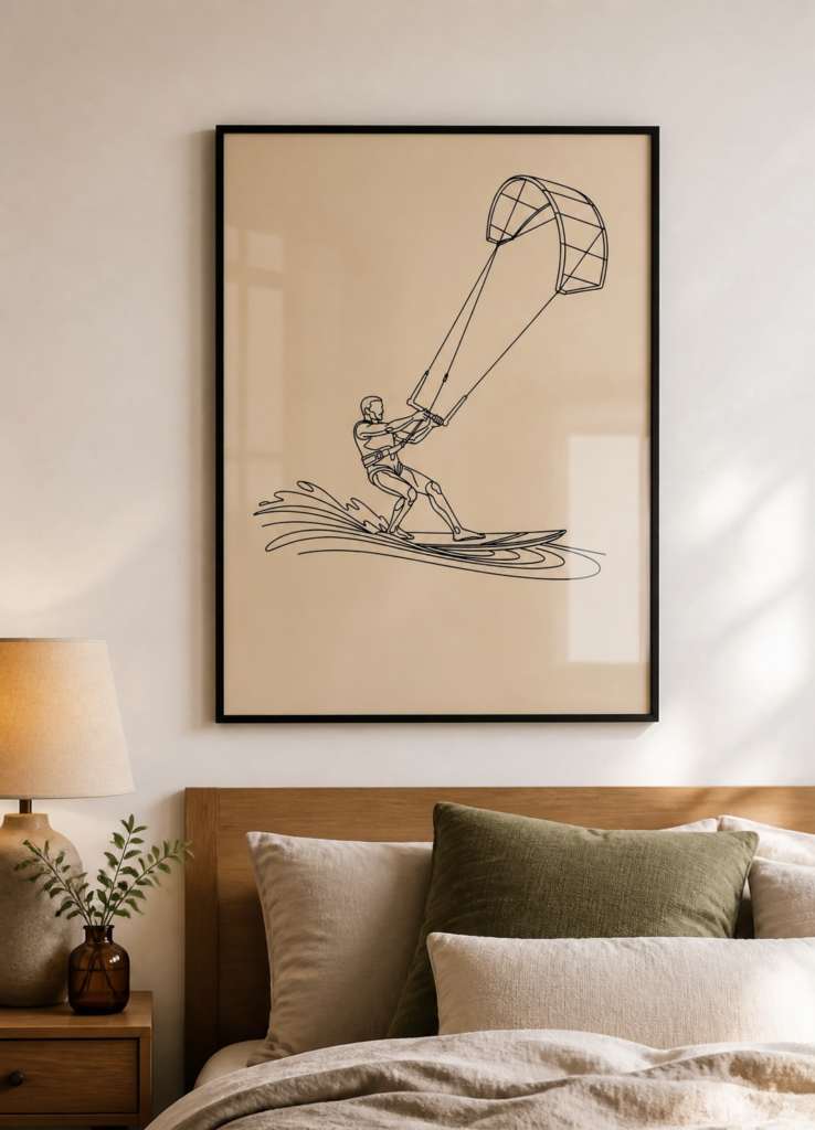 Kitesurfing Line Art Poster – Minimalist Water Sport Wall Art Print