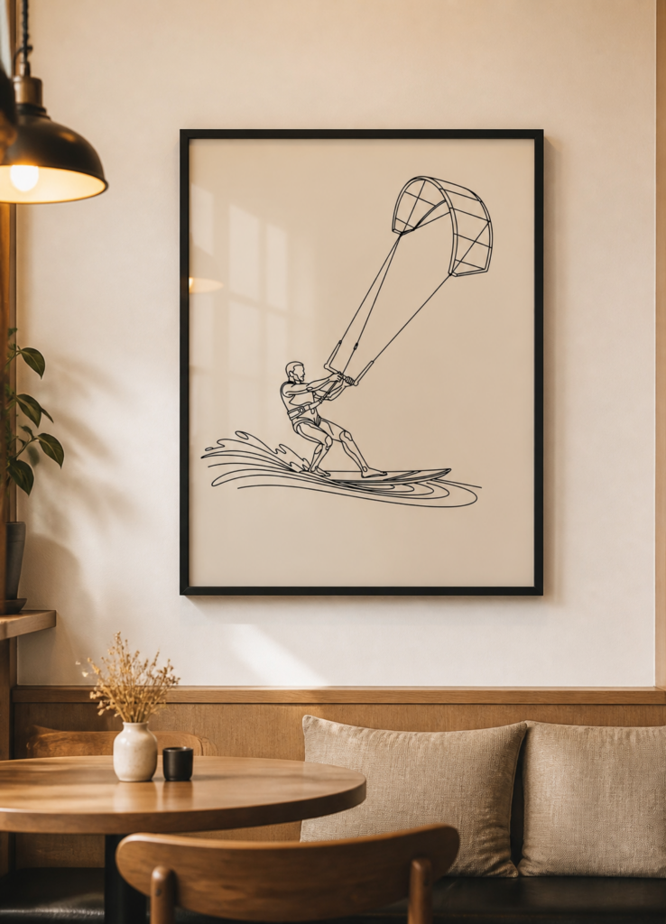 Kitesurfing Line Art Poster – Minimalist Water Sport Wall Art Print