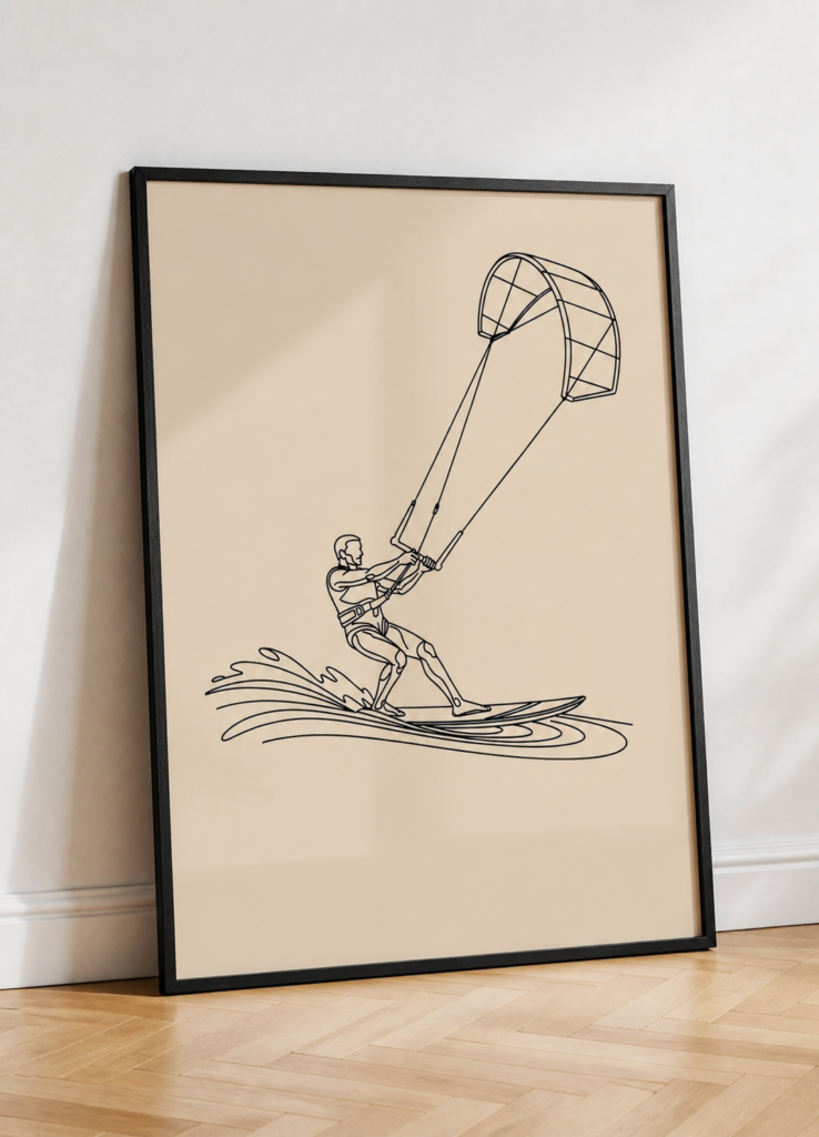 Kitesurfing Line Art Poster – Minimalist Water Sport Wall Art Print