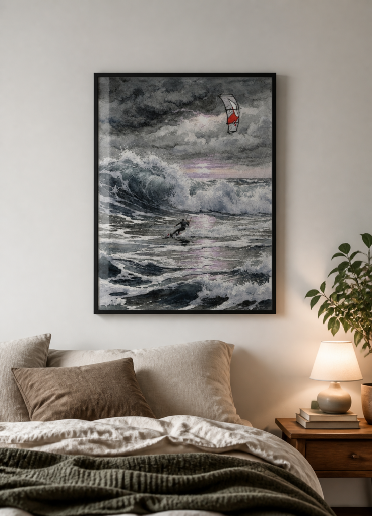 Stormy Sea Kitesurfing Watercolor Painting - Dramatic Ocean Wave Wall Art